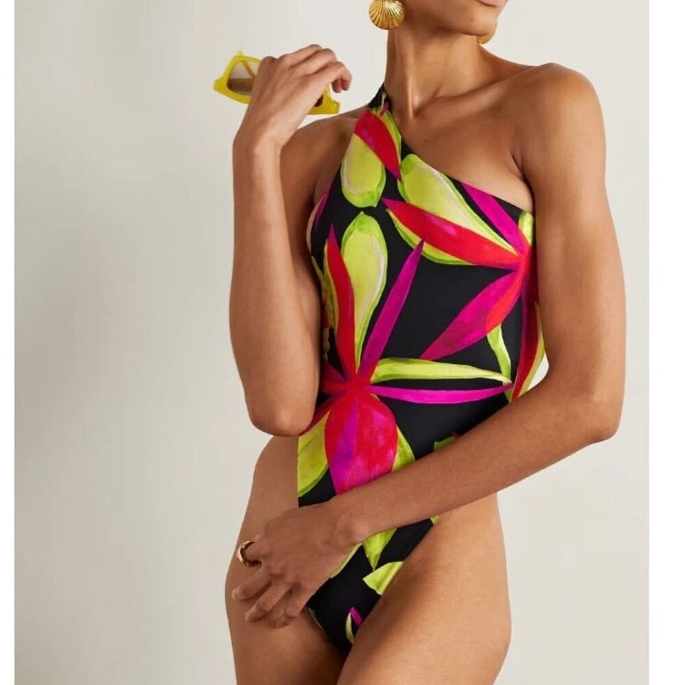 LOUISA BALLOU One-Shoulder One-Piece Swimsuit Black Floral XL